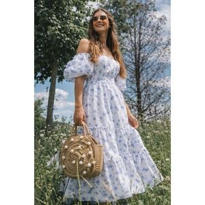 LoveShackFancy Target Floral Maxi Dress XL White Smocked Puff Sleeve Cottagecore